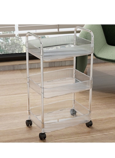 2-Layer Storage Cart, Rolling Cart,Transparent Storage Cart with Wheels, Suitable for Gaps In Kitchens, Bathrooms, Laundry Rooms, and Offices, Mobile Shelf Cart with 2 Adhesive Hooks