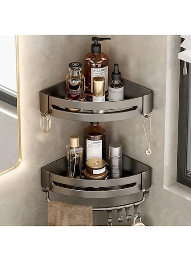 MedMad 2 Pack Corner Shower Shelf, Adhesive Bath Corner Bathroom Shower Rack With Hooks, No Drilling Wall Mounted Shower Shelves Organizer for Bathroom, Toilet, Kitchen (C)