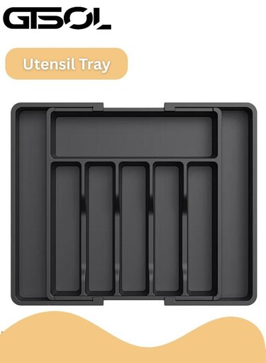 Large Capacity Expandable Silverware Drawer Organizer &acirc;&euro;&ldquo; BPA-Free Utensil Tray with Adjustable Compartments &acirc;&euro;&ldquo; Cutlery Holder for Spoons, Forks, Knives &acirc;&euro;&ldquo; Sleek Black Design