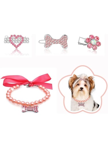 MAKINGTEC Dog Collar and Puppy Hair Accessories, 4 Pack Pearl Pet Necklace for Small Dogs Girl Barrette Crystal Rhinestone Cat Grooming Products