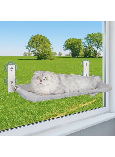 FDTY Foldable Cat Window Perch, Robust and Stable Cat Window Hammock with 4 Strong Suction Cups and Wall Anchors, Sturdy Metal Frame and Soft Cushions Cat Hammock for Large Cats in Grey
