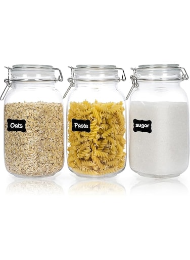 ideagala 50oz Airtight Glass Jars with Lids, 3 PCS Food Storage Canister for Kitchen &amp; Pantry Organization and Storage, Square Mason Jar Containers for Storing Sugar, Flour, Cereal,Coffee,Cookies