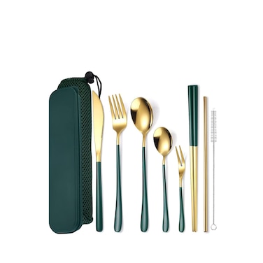 Portable Reusable Cutlery Set, Travel Utensils Set with Case, Stainless Steel Flatware Set Including Knife Fork Spoon Chopsticks Straws Brush, Dishwasher Safe (8Pcs Green golden)