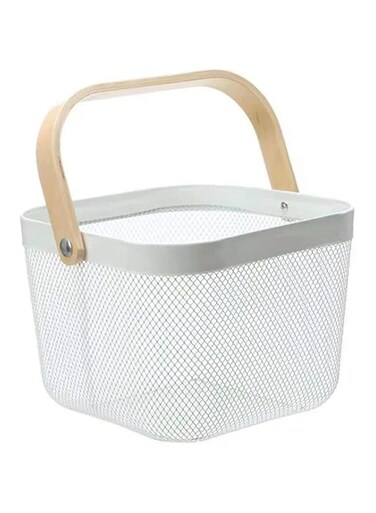NALACAL Metal Mesh Steel Basket, Storage Organizer Basket Multi-function Hanging Kitchen Baskets Fruit Basket Bin with Wood Handle for Kitchen Bathroom Picnic Cabinet Home Decor,(White,10.2x9.82x7in)