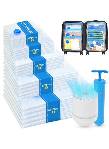 25PCS Vacuum Storage Bag Pack of with Electric Pump and hand pump, Multiple Pack (5&Atilde;&mdash;80*100cm,5&Atilde;&mdash;80*60cm,5&Atilde;&mdash;50*70cm,5&Atilde;&mdash;50*60cm,5&Atilde;&mdash;40*60cm)&iuml;&frac14;&OElig;Space Saver for Travel Packing, Reusable Sealer Storage Bag for Clothes,Duvets, Pillows, Blankets, Curtains