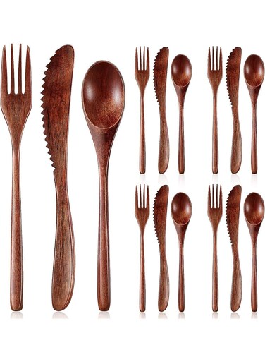 Wooden Cutlery Set For Dinner, Kitchen Flatware Tableware Utensil Set Includes Spoon, Fork, Knife (12 Pieces)