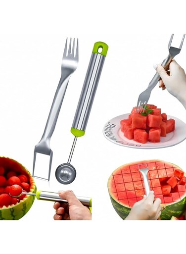 2-Piece Stainless Steel Watermelon Fruit Cutter and Melon Baller Scoop Set - Dual-Purpose Fruit Cutting Tools for Home Kitchen