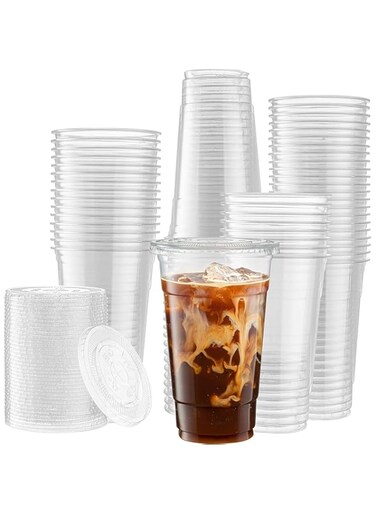 25 - SET - Plastic Clear Cup With Flat Lid - 16oz (475ml) Take a way - Disposable - Party Cups (COLD DRINKS-ICED COFFEE-BUBBLE TEA-SMOOTHIE)
