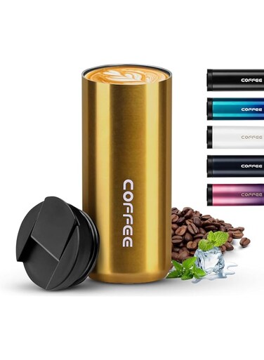 BuyOn Travel Coffee Mug Stainless Steel Double Wall Vacuum Modern Hydro Flask Hot and Cold Coffee Drinks Insulated Tumbler with Leakproof Lid for Home Office Gym Outdoor Works (GOLD, 500ML)