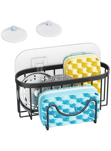 Duomama Rustproof Stainless Steel M-Shaped Sponge Holder, Multi-Functional Kitchen Sink Organizer with 2 Installation Options &ndash; Black, For Sponges, Brushes, Sink Stoppers &amp; Scrapers
