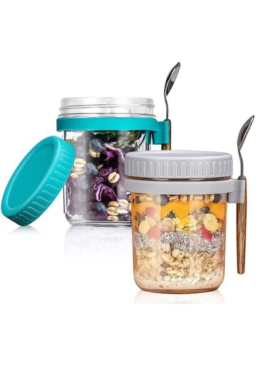 2Pack 10Oz Overnight Oat Container with Lid and Spoon, Glass Overnight Oats Jars, Container with Measurement Marks, Portable Large Capacity