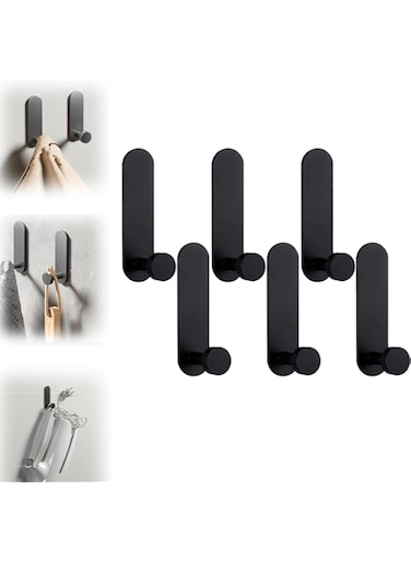 GraGra Black Adhesive Hooks, Stick Hooks Heavy Duty, 6 Pcs Metal Adhesive Coat Hooks, Extra Strong Wall Door Hooks for Hanging Waterproof Towel Hooks, Coat Hooks for Bathroom Bedroom Kitchen
