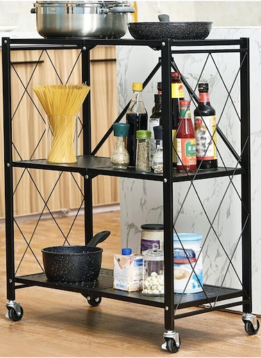 3-Tier Foldable Standing Rack Black Storage Shelves with Wheels
