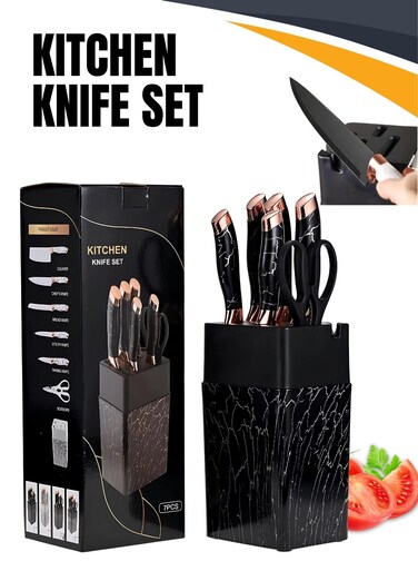 Apple Market 7-Piece Kitchen Knife Set with Block &acirc;&euro;&ldquo; Professional Chef Knives, Stainless Steel Cutting Tools, Scissors &amp; Peeler for Home Cooking, Food Prep, Bread, Meat &amp; Vegetable Slicing &acirc;&euro;&ldquo; Ergonomic Grip, Dishwasher Safe