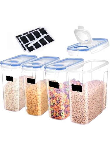 U-HOOME Cereal Dry Food Storage Container Set, Airtight Food Storage Organizer 135.2 fl oz for Cereal, Snacks and Sugar, 4 Piece Set BPA Free Plastic Cereal Dispensers with 24 Chalkboard Labels