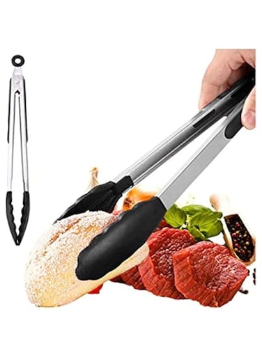 Oben Kitchen Tongs Buffet Tongs 12 Inch Stainless Steel Food Tongs with Silicone Tips for Barbecue, Salad, Grilling, Frying, Cooking Black