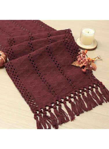 Red Table Runner With Tassels, 72 Inches Long For Fall Home Decor, Macrame Table Runner, Modern Decorations For Room Decor, Farmhouse Rusitic Table Runner For Dining Bridal Shower (11x72 Inches)