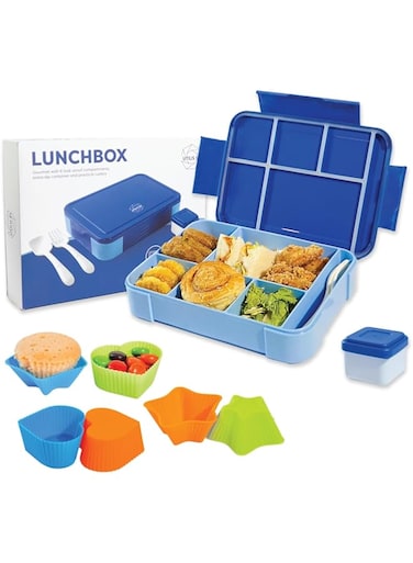 Lunch Box for Kid School - Children's Lunch Box with 6 Compartments - 1330ml Leak-proof Lunchbox for Girls and Boys - Package Includes Snack Box, Spoon, Fork, Sauce Box &amp; 6 Cupcake Molds for Baking