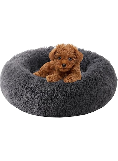 Lomeshow Dog Beds for Small Dogs,Cat Beds for Indoor Cats, Fluffy Round Pet Bed Non-Slip, Calming Soft Plush Donut Cuddler Cushion Self Warming for Small Dogs Kittens (Dark Grey)