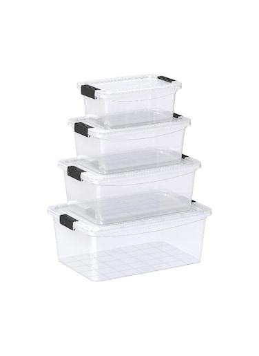 Set of 4 - 5, 8, 13, 20L Clear Plastic Storage Boxes with Lockable Lids