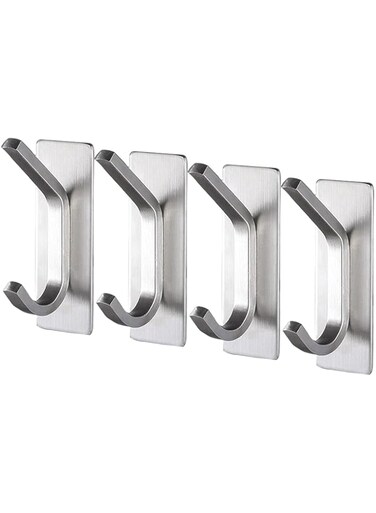 Adhesive Wall Hooks 4Pcs Stainless Steel Adhesive Hooks Wall Mounted Heavy Duty Storage Wall Mount Hooks for Hanging Coat Clothes Towels Hat Bags for Home Entryway Bathroom Bedroom Kitchen Living Room