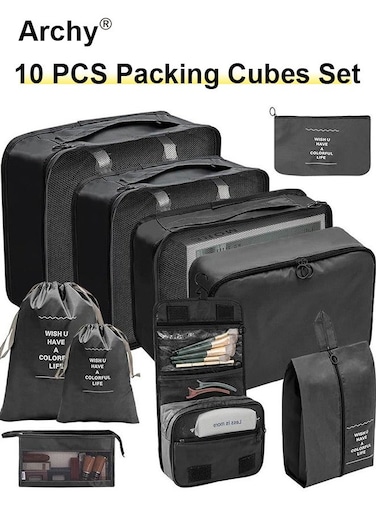 10 PCS Compression Packing Cubes for Men and Women Lightweight Travel Luggage Organizer for Clothes Shoes Toiletries or Accessories Large Capacity Moisture Proof Storage Bags for Carry on Suitcases