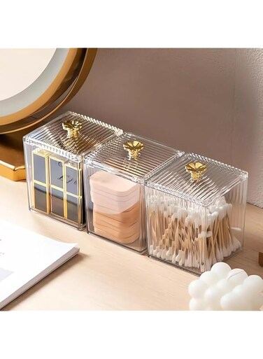 Fohome 3 Pack Qtip Holder, Plastic Clear Cotton Ball and Swab Dispenser With Lid, Apothecary Jar for Q-Tips, Cotton Swab, Bathroom Canisters for Bathroom Vanity Organizer