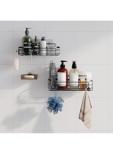 EAEREGS 2-Pack Adhesive Shower Caddy With 4 Magic Hooks and 1 Pack Soap Dishes, No Drilling Rustproof Stainless Steel Shower Organizer for Bathroom (Black，Flat wire style)