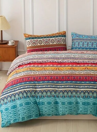 Home Queen size 6 piece duvet cover set, colorful bohemian bedding.