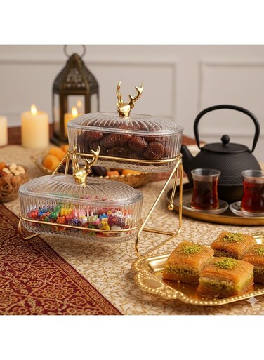 Glass Candy Dish with Golden Deer Handle &amp; Metal Stand, Double-Layered Serving Tray for Dates, Sweets, Nuts &acirc;&euro;&ldquo; Ramdam storage and decoration