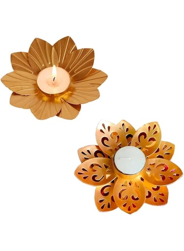 Lotus Flower Decorative Tealight Holder Handcrafted - Perfect for Diwali, Religious Ceremonies, Home, Living Room, Office Decor. Festive Decor Diya with Free T-Light Candles (Set of 2)