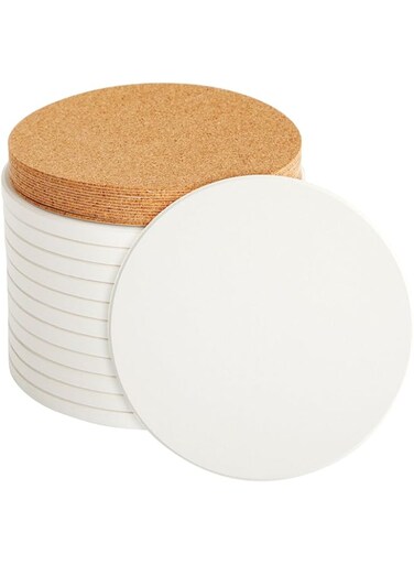 Bright Creations Round Unglazed Ceramic Tiles with Cork for Crafts, DIY Coasters (White, 4 in, 24 Pieces)