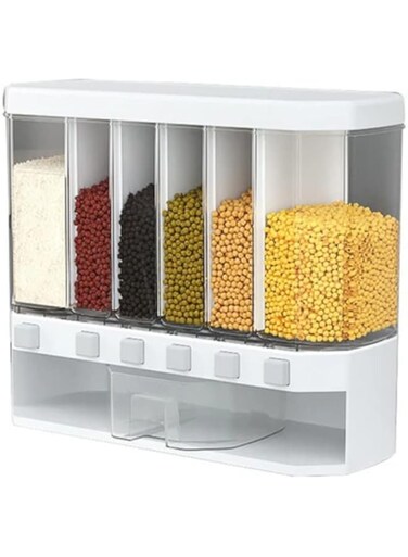 Sulfar Wall Mounted Cereal Food Dispenser 6 Grid Dry Food Dispenser Kitchen Food Storage Container Space Saving Storage Airtight Containers for Cereal, Rice, Nuts, Candy, Coffee Bean, Snack, Grain