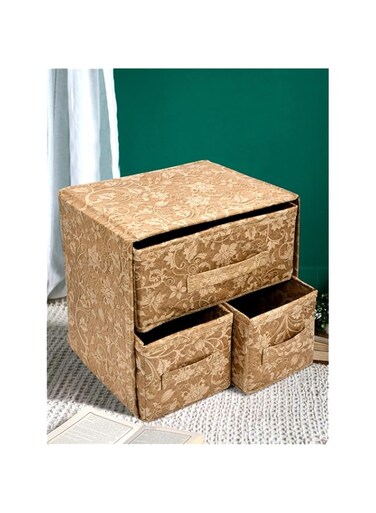 Kuber Industries Metallic Print 2 Layer 3 Drawer Fabric Cube Foldable Storage Organizer Box, Dressing, Jewellery Organizer (Beige, 31 X 22 X 30 Cm)