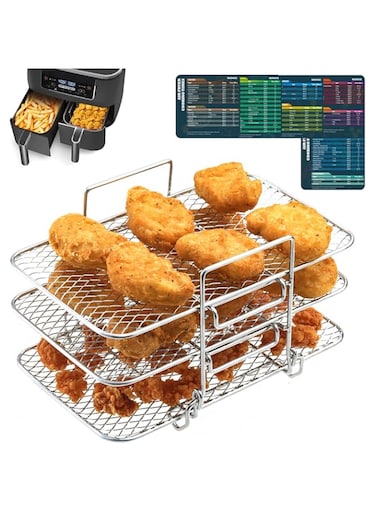 MJRASG Air Fryer Rack for Ninja Dual Air Fryer with Air Fryer Magnetic Cheat Sheet Air Fryer Accessories for Ninja Foodi 304 Stainless Steel Multi-Layer Stackable Dehydrator Air Fryer Rack for Oven