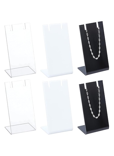 FINGERINSPIRE 6Pcs Acrylic L-shaped Earring Necklace Jewelry Display Stand (3.5x4.5x8.7cm) Table Top Boutique Slant Back Necklace Chain Pendant Display Stand Black &amp; White &amp; Clear