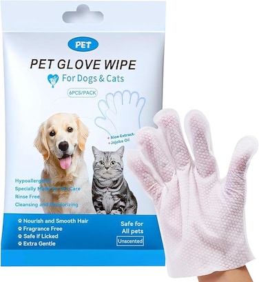 Pet Washing Glove Wipes for Dog and Cat, Unscented Rinse Free Cleaning &amp; Deodorizing Grooming Glove for Puppy Ears,Eyes,Butt,Paws, Thick Bathing Wipe Sooth &amp; Nourish Fur for Care and Travel 6 PCS