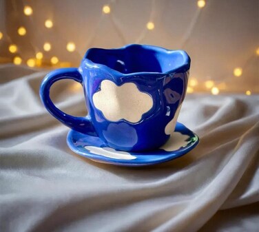 WHITE SPACE LIVING Cloud Tea/Coffee Saucer and Cup Set - Blue Ceramic, 240 ml, Microwave &amp; Dishwasher Safe