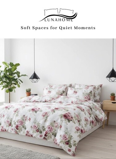 Home King size 6-piece set ( 1 Duvet cover - 220*240cm. 1 Fitted sheet - 200*200cm+30cm. 4 Pillow covers - 50*75cm. ). bedding set rose print with green leaves.