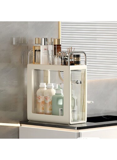 East 2 Layers Clear Slim Bathroom Storage Cabinet with Visible Drawer, Movable Narrow Floor Cabinet for Small Space, Bathroom, Dresser Closet, 40 x 18 x 46 cm, Cream Frame