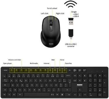 بورت ديزاين لوحة مفاتيح وفأرة وحزمة مفاتيح ومواجهات AZERTY لاسلكية بتردد 2.4 جيجاهرتز