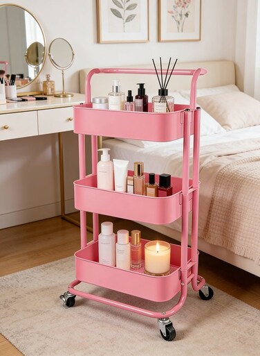 3 Tier Rolling Cart with Lockable Wheels and Handle, Three Tiered Pink Trolley Cart on Wheels, Utility Storage Organizer for Bathroom, Kitchen, Teachers, Art, Crafts, Snack, Nail