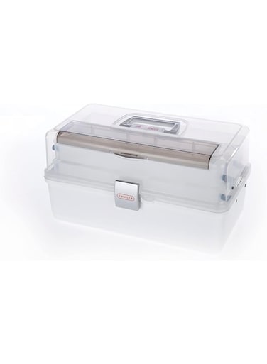 Sysmax Clear Plastic Storage Box and Personal Organizer for Arts, Crafts, Hobby Accessories, Bathroom Cosmetics, Portable Handle with Heavy Duty Latch - 37.2x20.6x18 cm - White - 280290, Medium