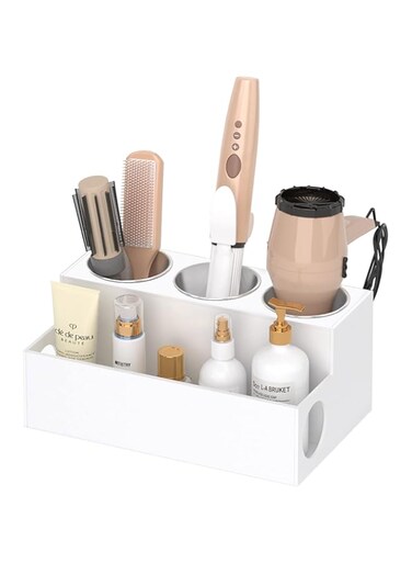 NIUBEE Hair Tool Organizer, White Acrylic Hair Dryer and Styling Holder, Bathroom Countertop Blow Dryer Holder, Vanity Caddy Storage Stand for Accessories, Makeup, Toiletries