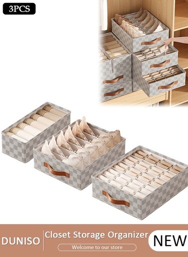 3 Pieces Fabric Closet Storage Organizer Set Foldable Clothes Boxes Large Capacity Wardrobe Stackable Closet Drawer with Handle for Leggings Stockings Socks Underwear