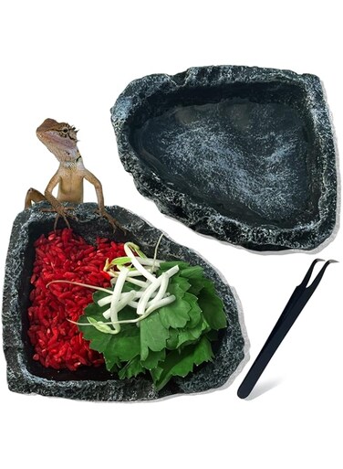 OperSeven 2 Pack Reptile Water Dish - Reptile Water and Food Bowls with Tongs Imitating Natural Rock，Breadworm Feeding for Leopard Gecko Lizard Spider Scorpion Chameleon (2Pcs Square Type)