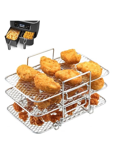 X spring Air Fryer Rack, 3pcs Stackable Double Basket Air Fryers Rack, Stainless Steel Dehydrator Rack, Stainless Steel Rack Air Fryer Accessories Compatible with Dual Air Fryer and Oven