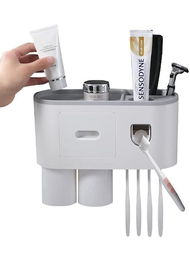EasyLife Wall Mounted Toothpaste Dispenser And Toothbrush Holder With Two Magnetic Cups