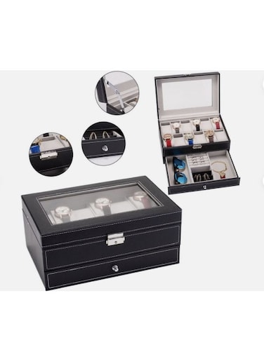 EasyLife 12 Slots PU Leather Watch Box Case Organizer Jewelry Display Drawer Glass