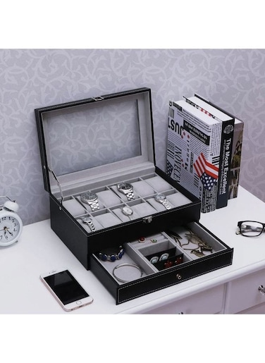 EasyLife Watch Box 12 Slots PU Leather Watch Case Organizer Jewelry Display Drawer Lock